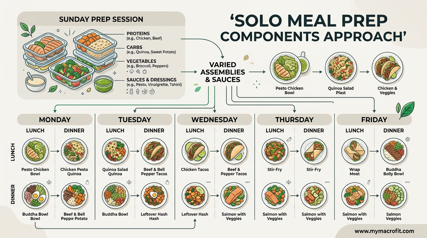 Solo meal prep components approach, showing how one Sunday prep creates 5 different lunches and dinners