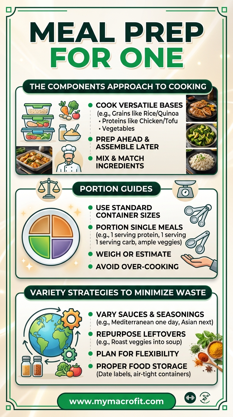 Meal prep for one person, components approach, portions guide, and variety strategies