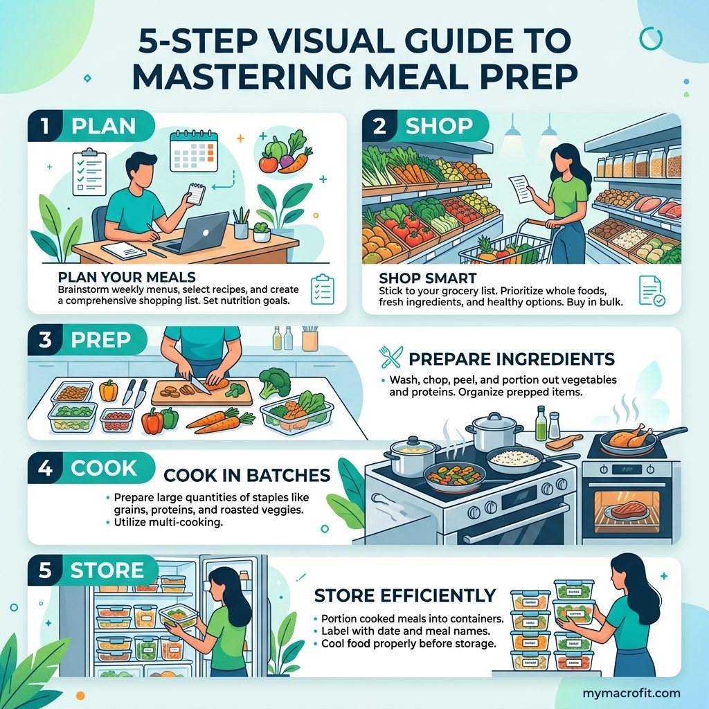 Meal prep guide infographic, weekly prep timeline, component types, storage times, and macro-friendly prep strategy