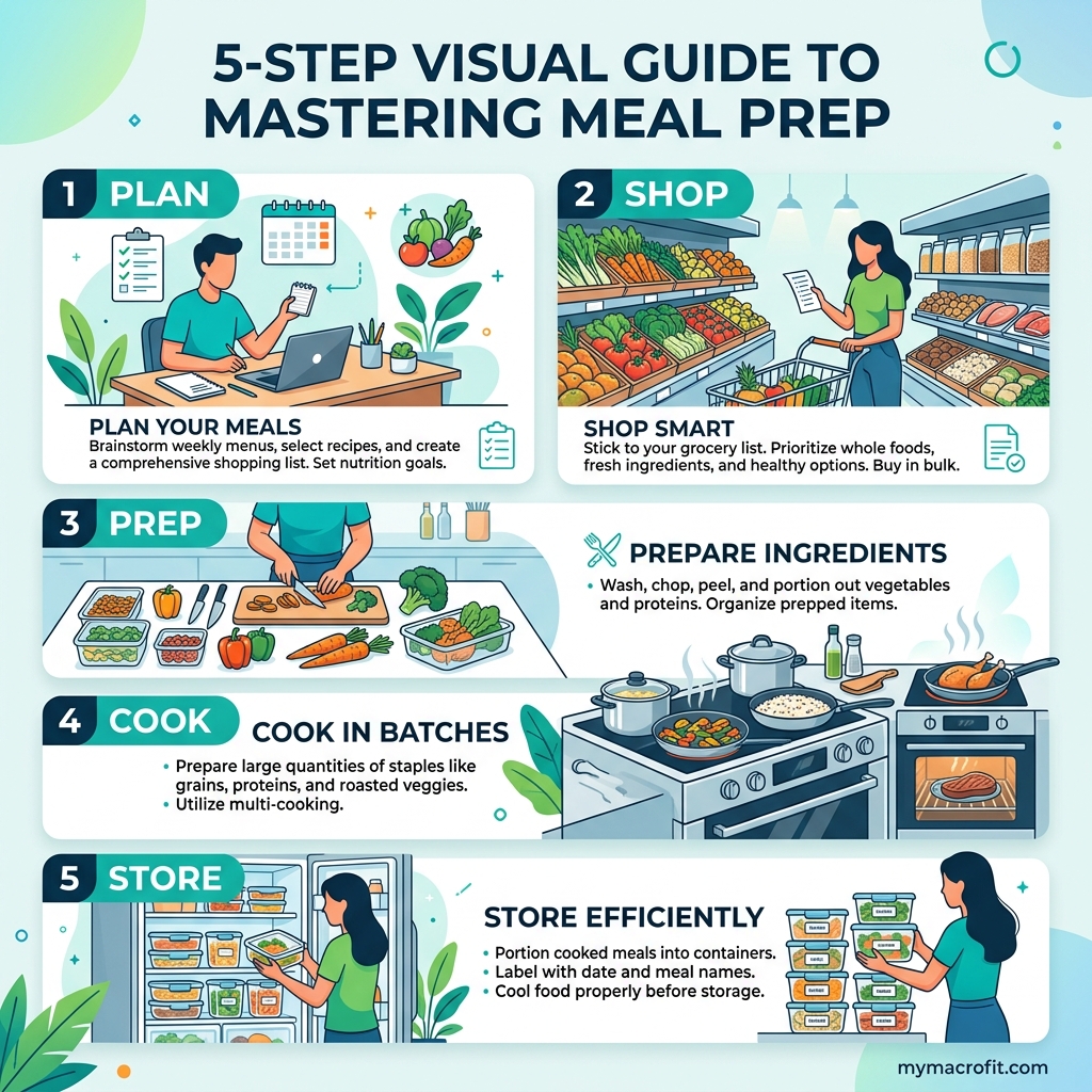Meal prep guide infographic — weekly prep timeline, component types, storage times, and macro-friendly prep strategy