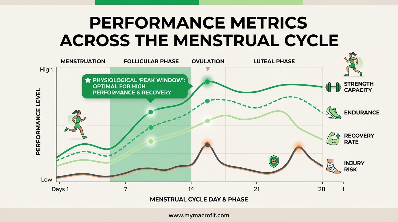 Training performance metrics across the menstrual cycle, strength capacity, endurance, recovery rate, and injury risk by phase