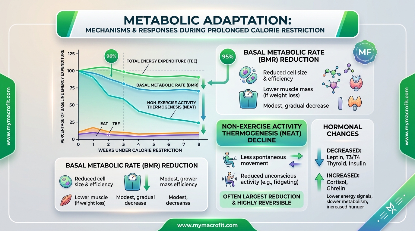 Metabolic adaptation mechanisms, showing BMR reduction, NEAT decline, and hormonal changes during prolonged calorie restriction