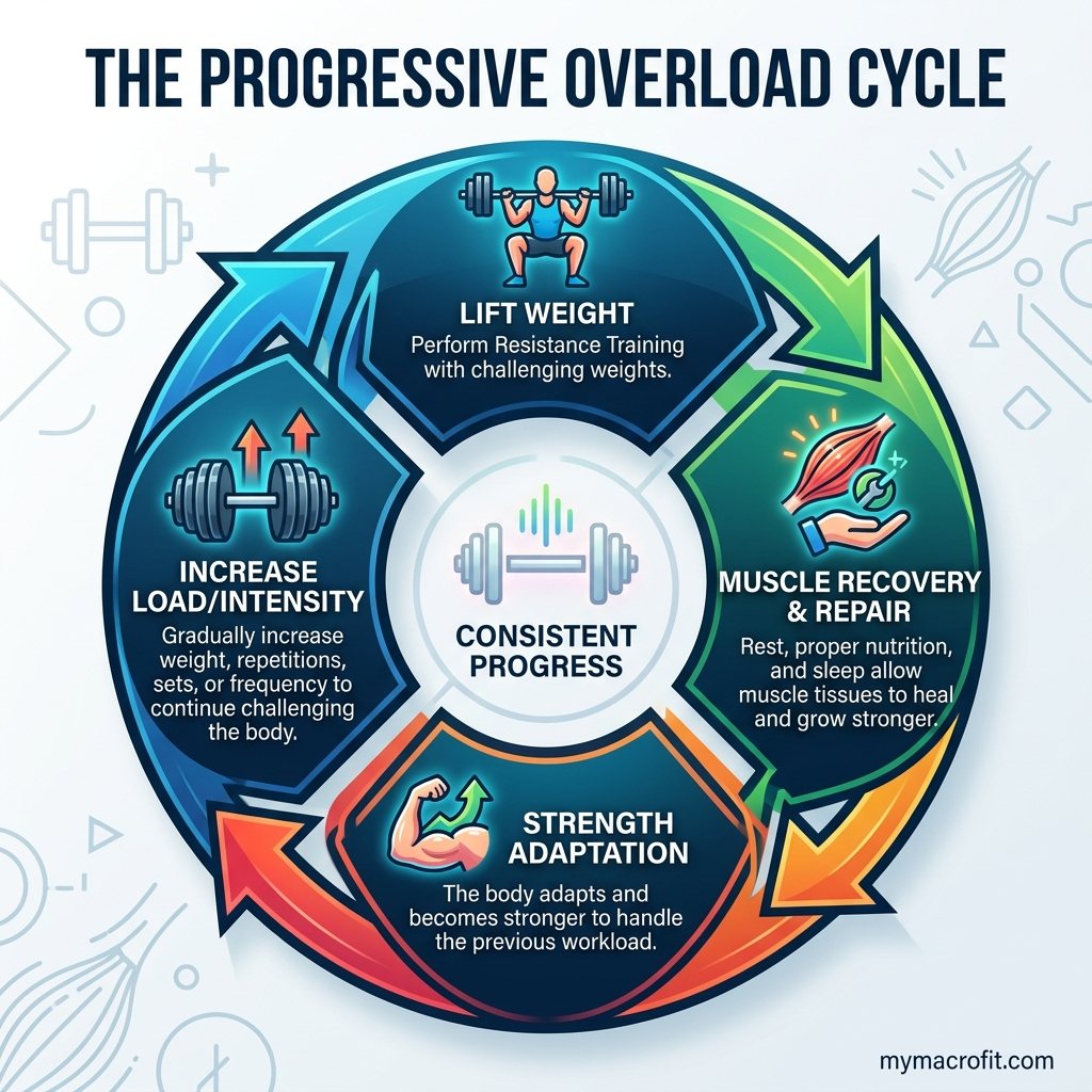 Muscle building programme diagram, compound movements, muscle groups targeted, and weekly split structure