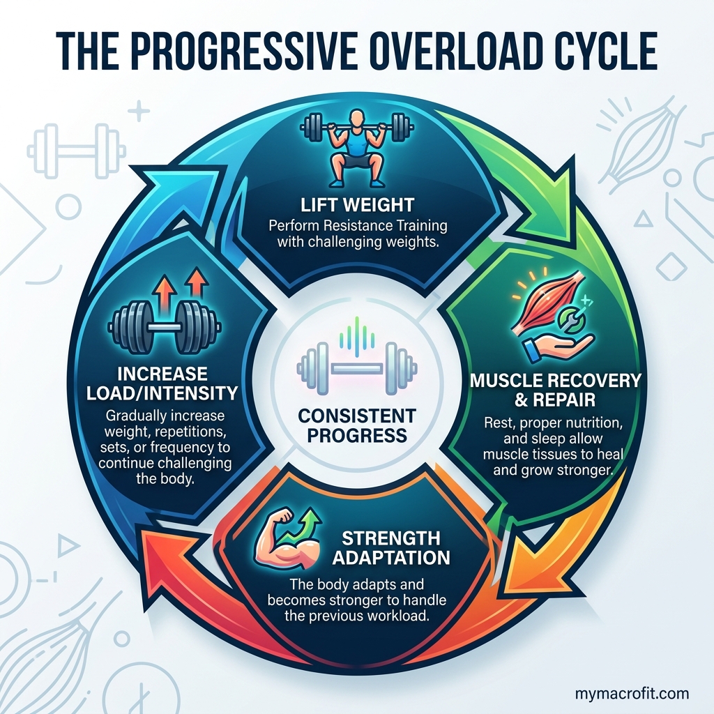 Muscle building programme diagram — compound movements, muscle groups targeted, and weekly split structure
