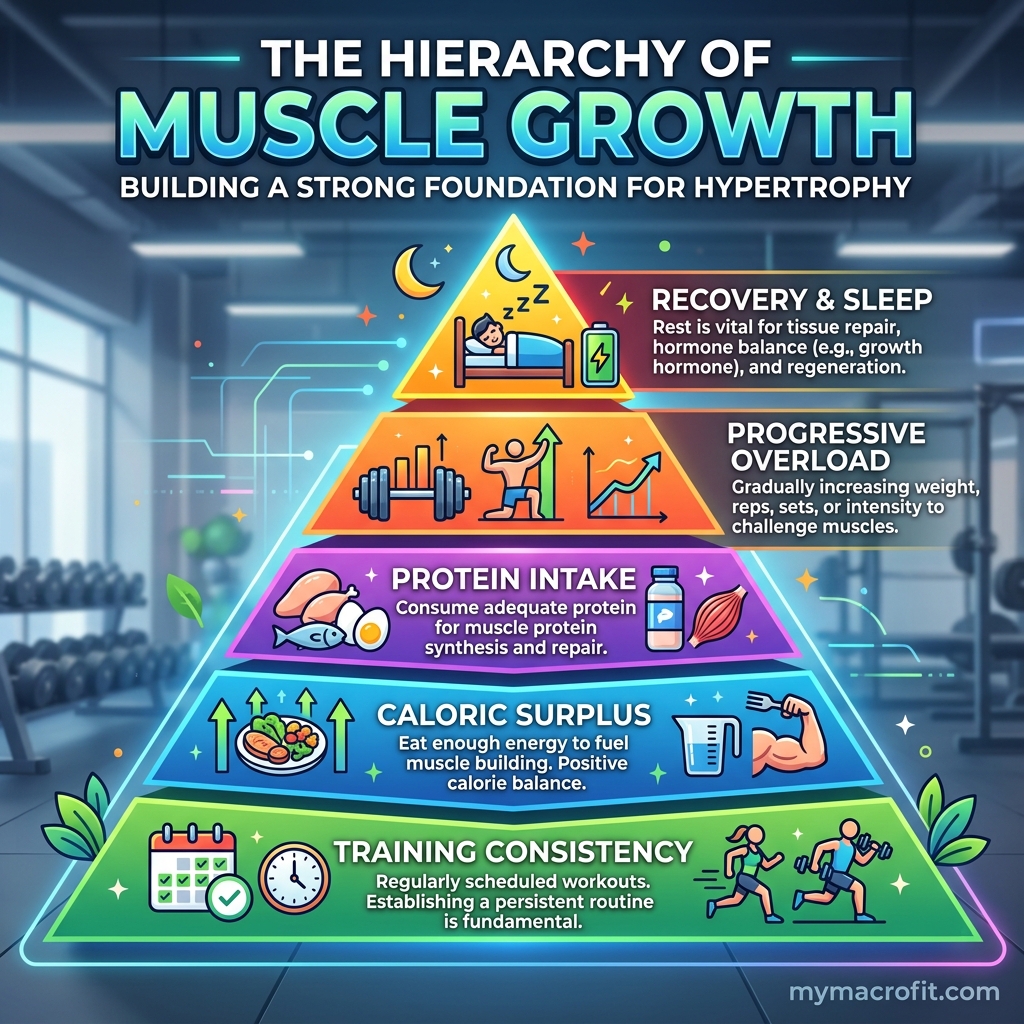 Muscle building guide infographic — training volume, protein targets, calorie surplus, and recovery principles