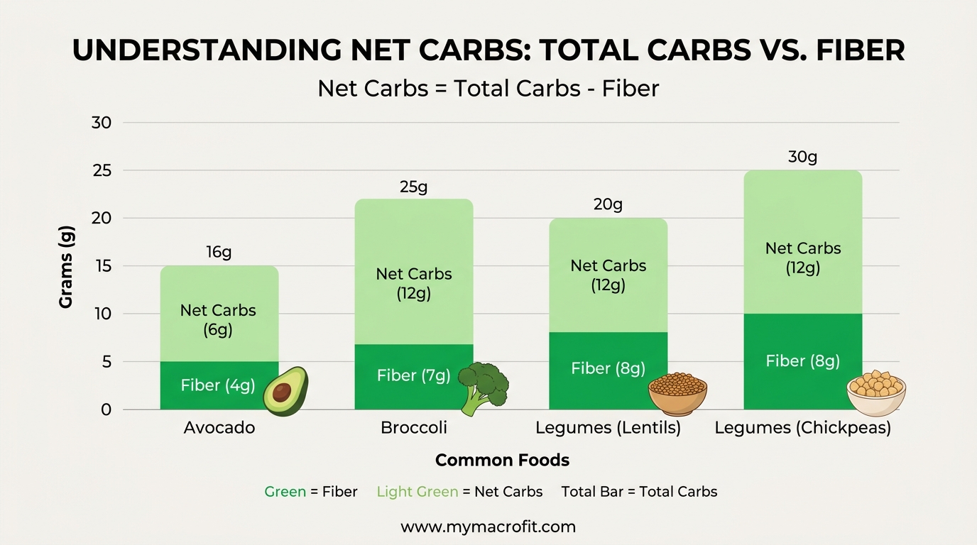 Net carbs calculation for common foods, showing total carbs, fibre, and net carbs for vegetables, fruits and grain foods