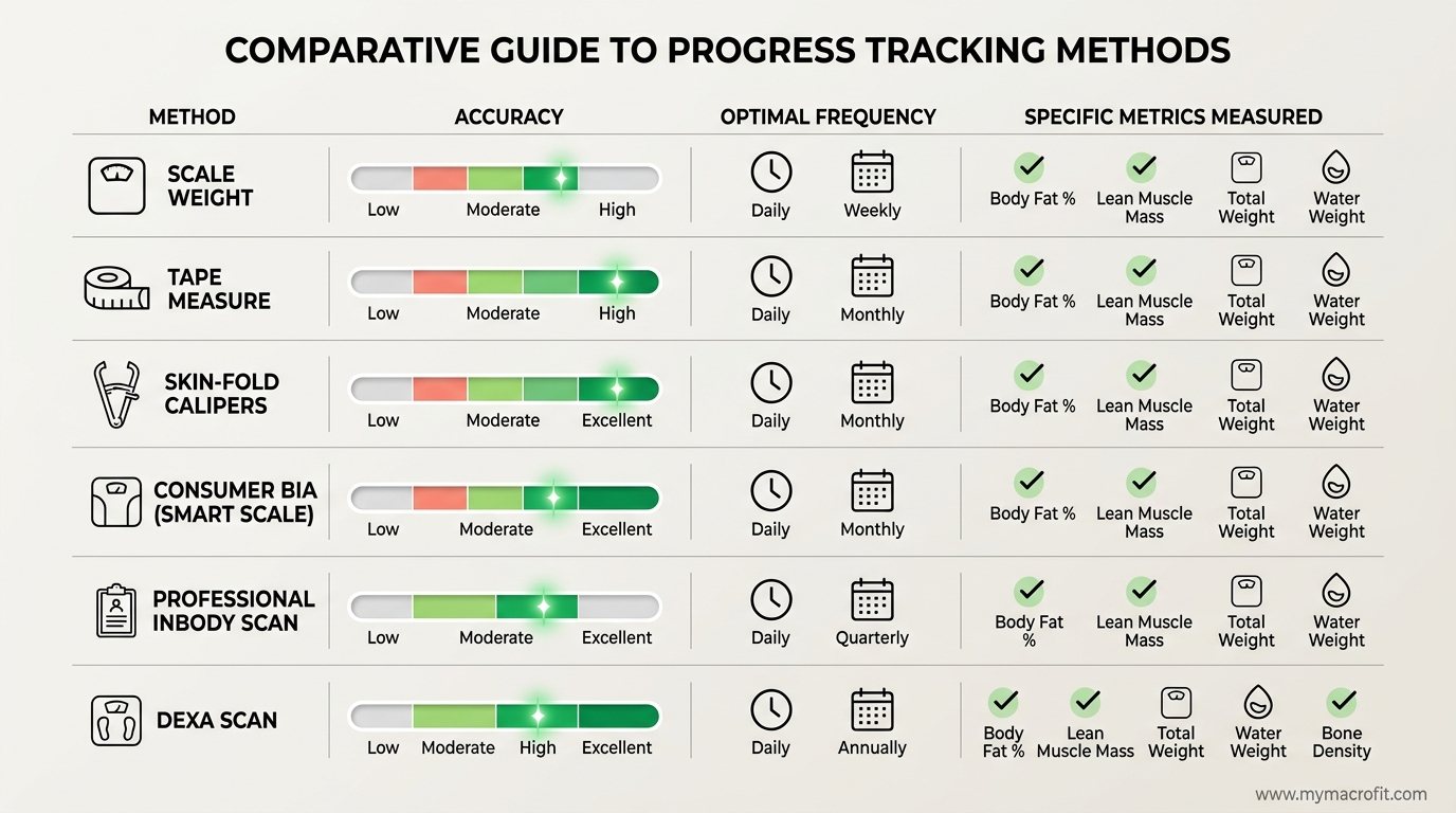 Progress tracking methods comparison, accuracy, frequency, and what each measure tells you about body composition changes