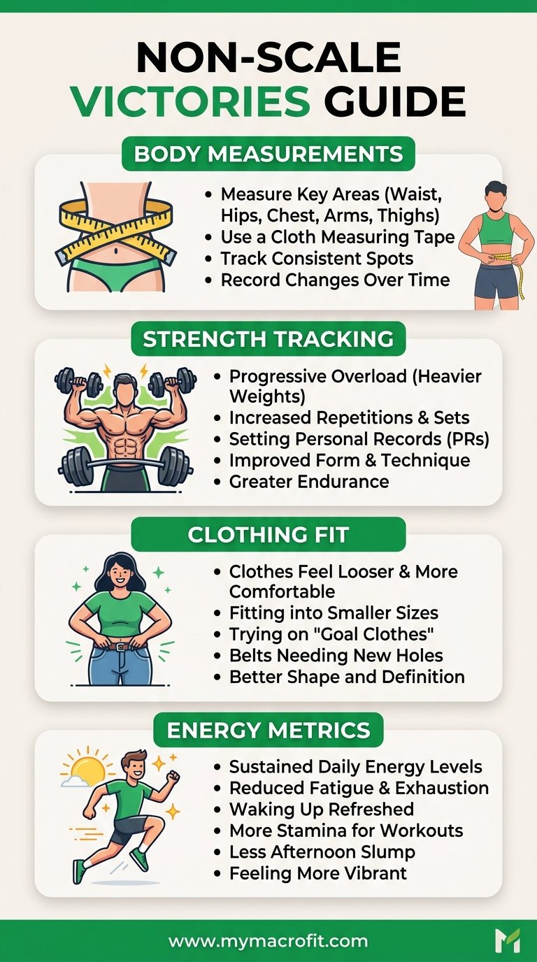 Non-scale victories guide, body measurements, strength tracking, clothing fit and energy metrics for tracking real fat loss progress