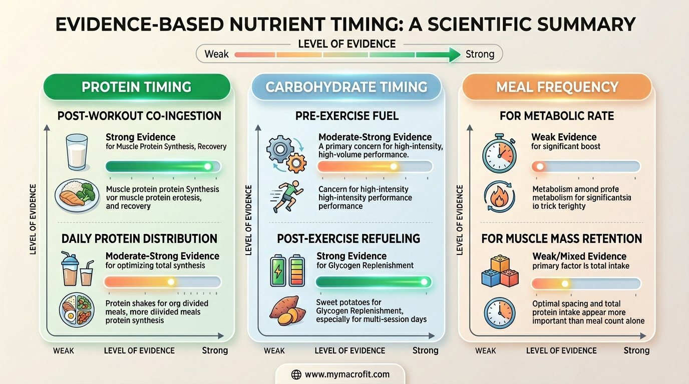 Nutrient timing evidence summary, showing evidence strength for different timing recommendations across protein, carbohydrates and meal frequency