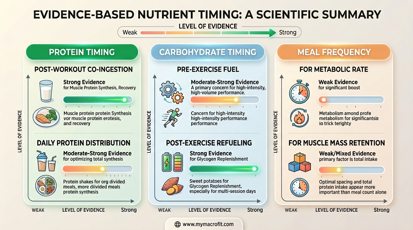 Nutrient timing evidence summary, showing evidence strength for different timing recommendations across protein, carbohydrates and meal frequency