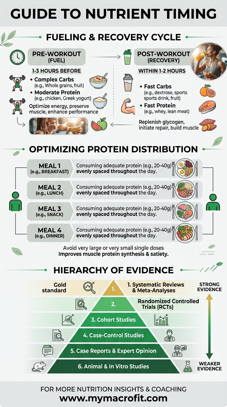Nutrient timing guide, protein distribution, pre and post workout nutrition, and the evidence hierarchy for timing