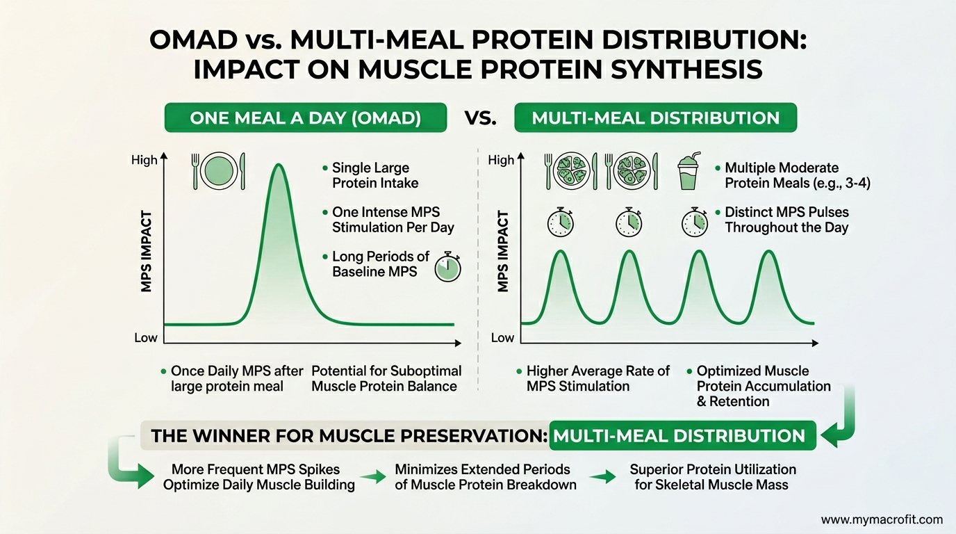 OMAD vs multi-meal protein distribution, showing daily muscle protein synthesis impact of one large meal vs distributed protein