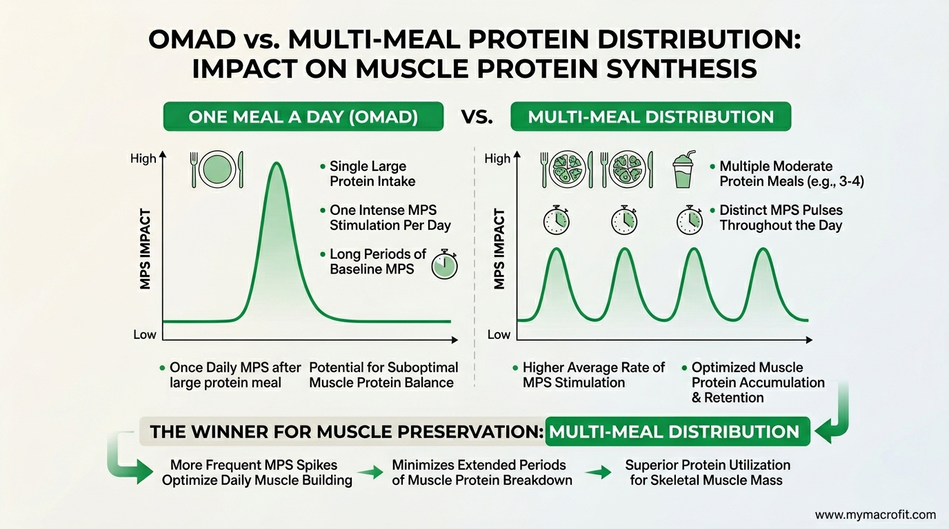 OMAD vs multi-meal protein distribution, showing daily muscle protein synthesis impact of one large meal vs distributed protein