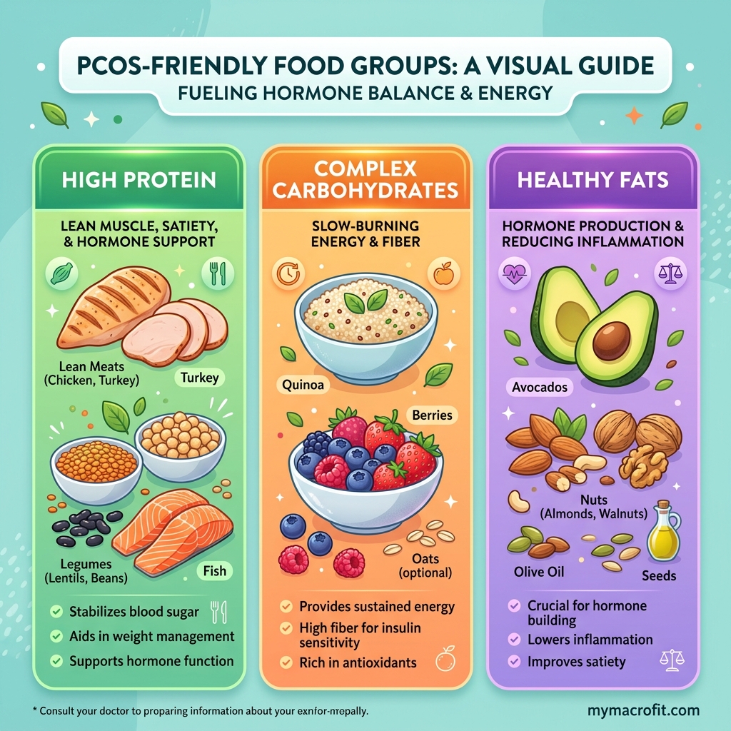 PCOS nutrition guide, eat more leafy greens, berries and lean protein vs limit sugar and processed foods