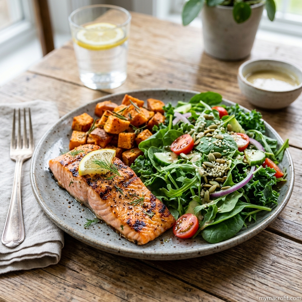 PCOS-friendly meal, high-protein plate with salmon, quinoa, leafy greens and avocado for blood sugar control