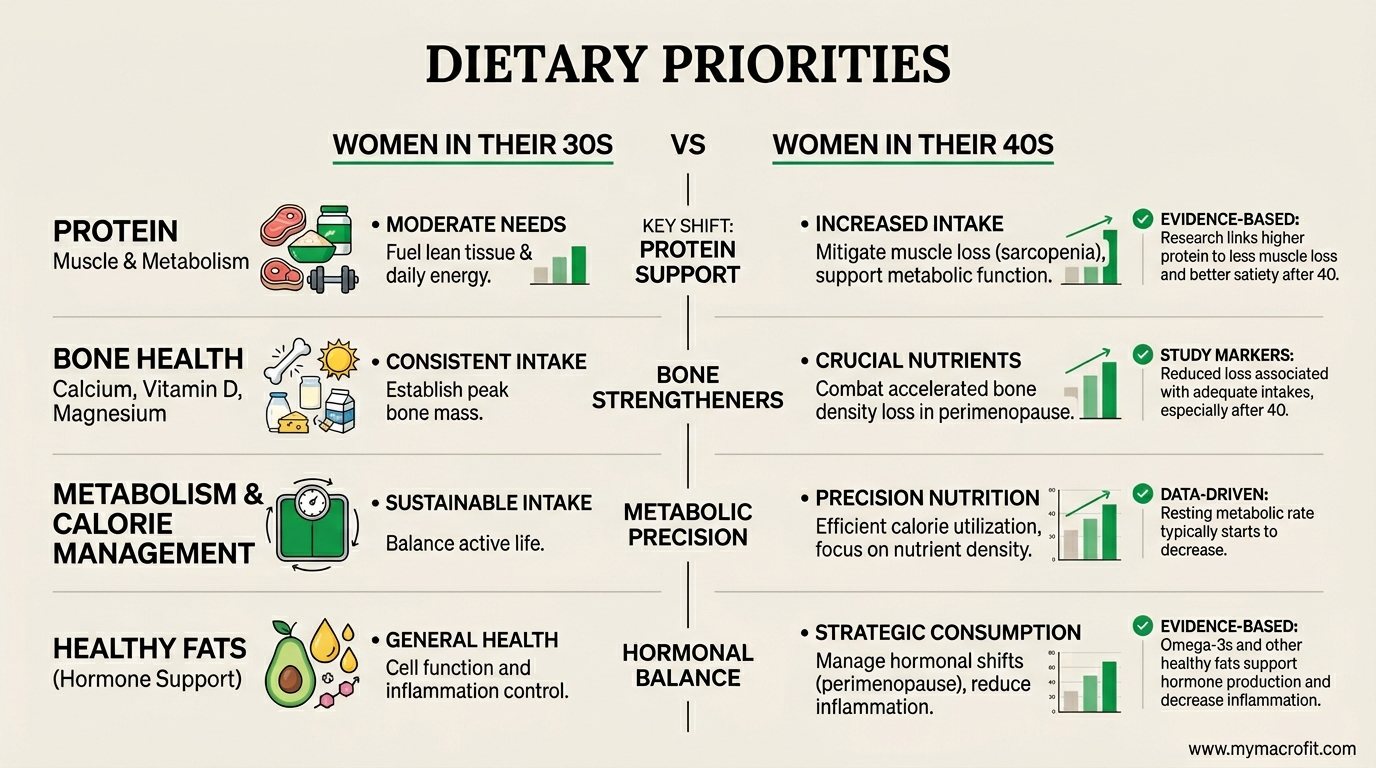 Perimenopause dietary priorities in your 40s, showing key changes from previous decade and evidence for each intervention