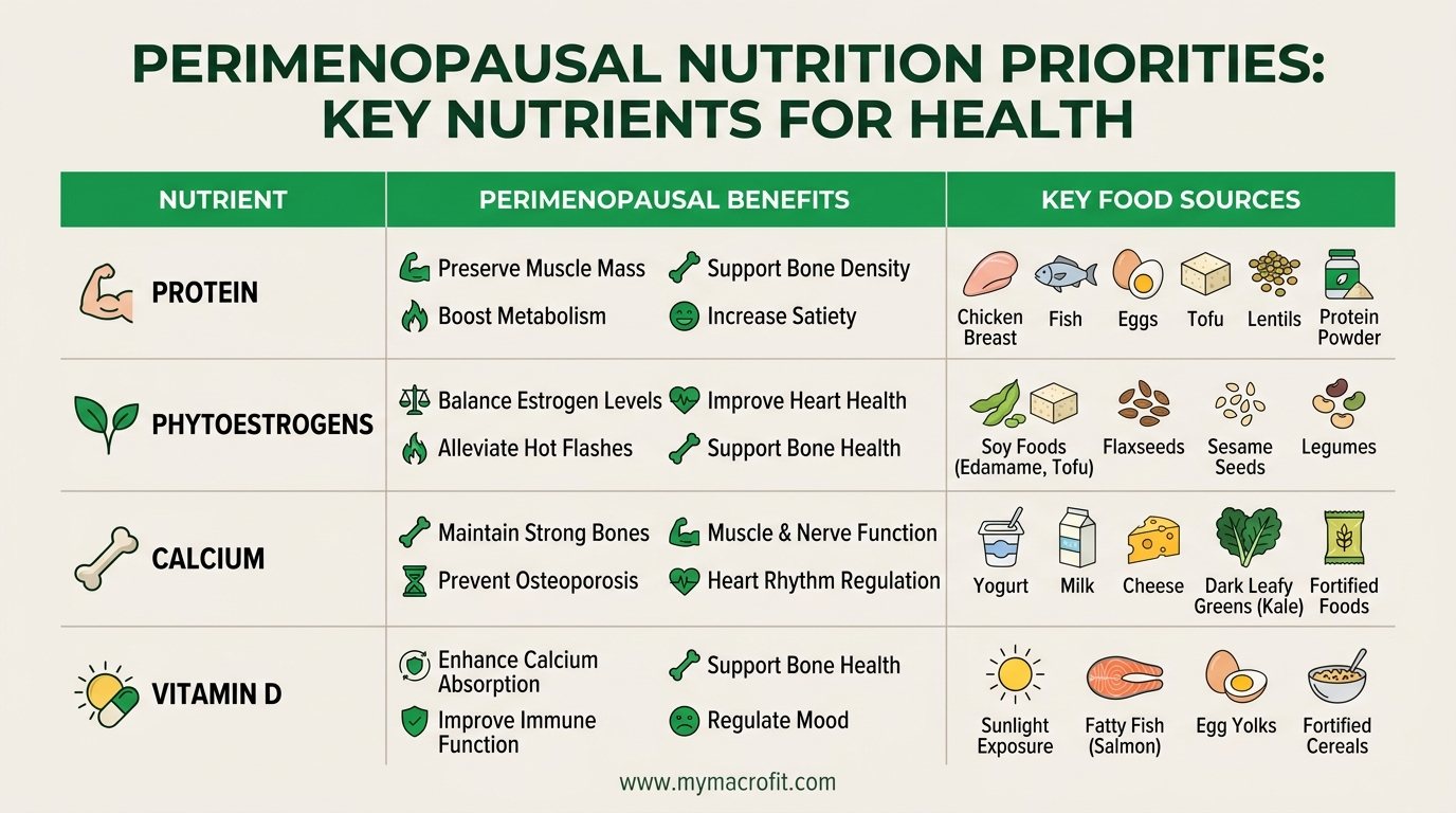 Perimenopausal nutrition priorities, protein, phytoestrogens, calcium, vitamin D and key foods for each