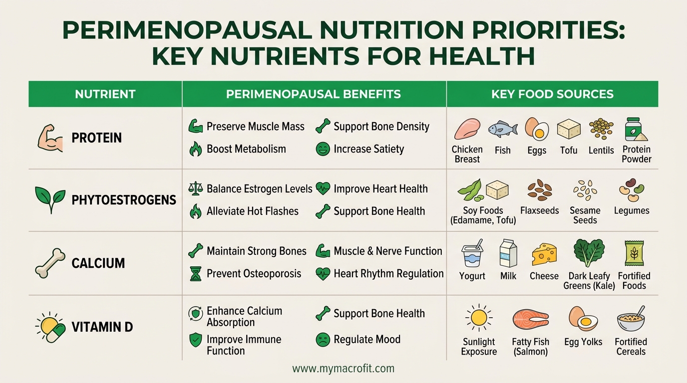 Perimenopausal nutrition priorities, protein, phytoestrogens, calcium, vitamin D and key foods for each