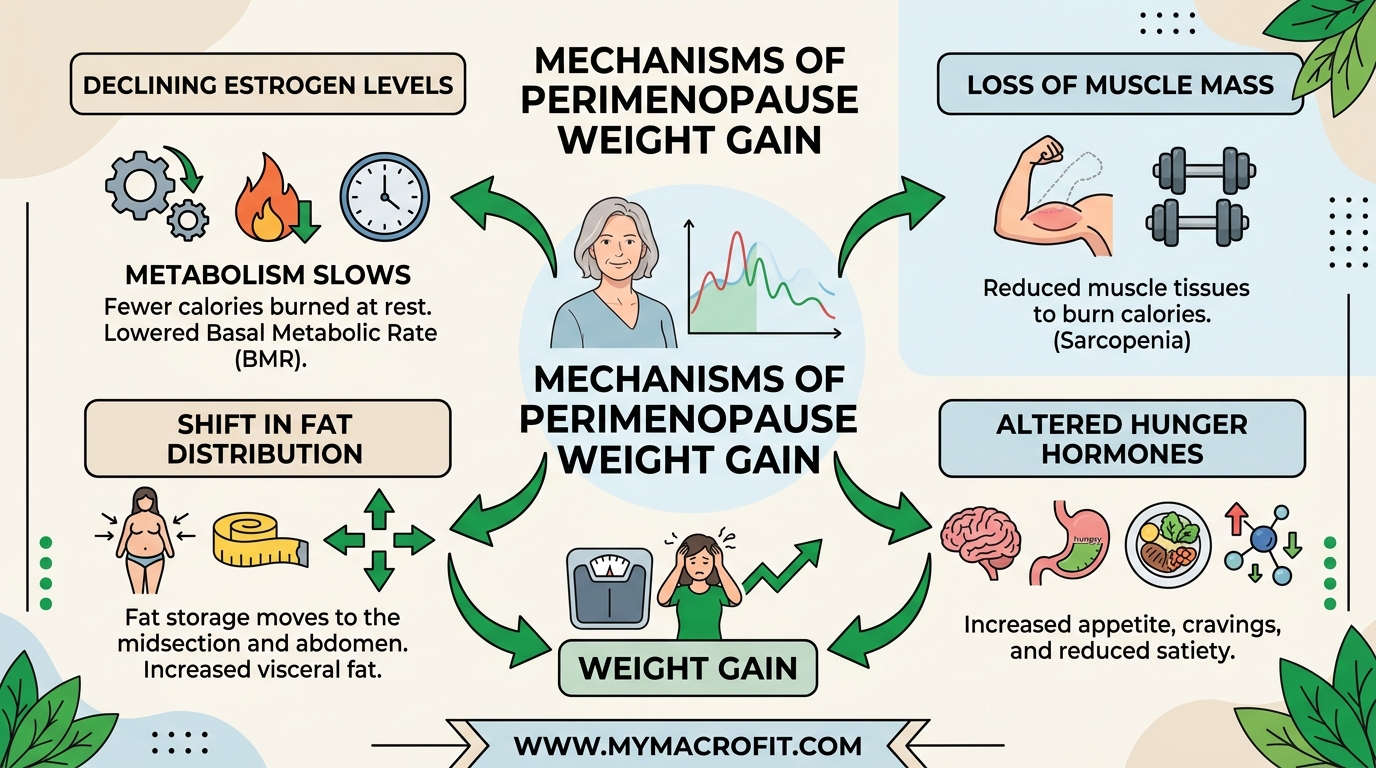 Perimenopause weight gain mechanisms, showing how declining oestrogen affects metabolism, muscle, fat distribution and hunger hormones