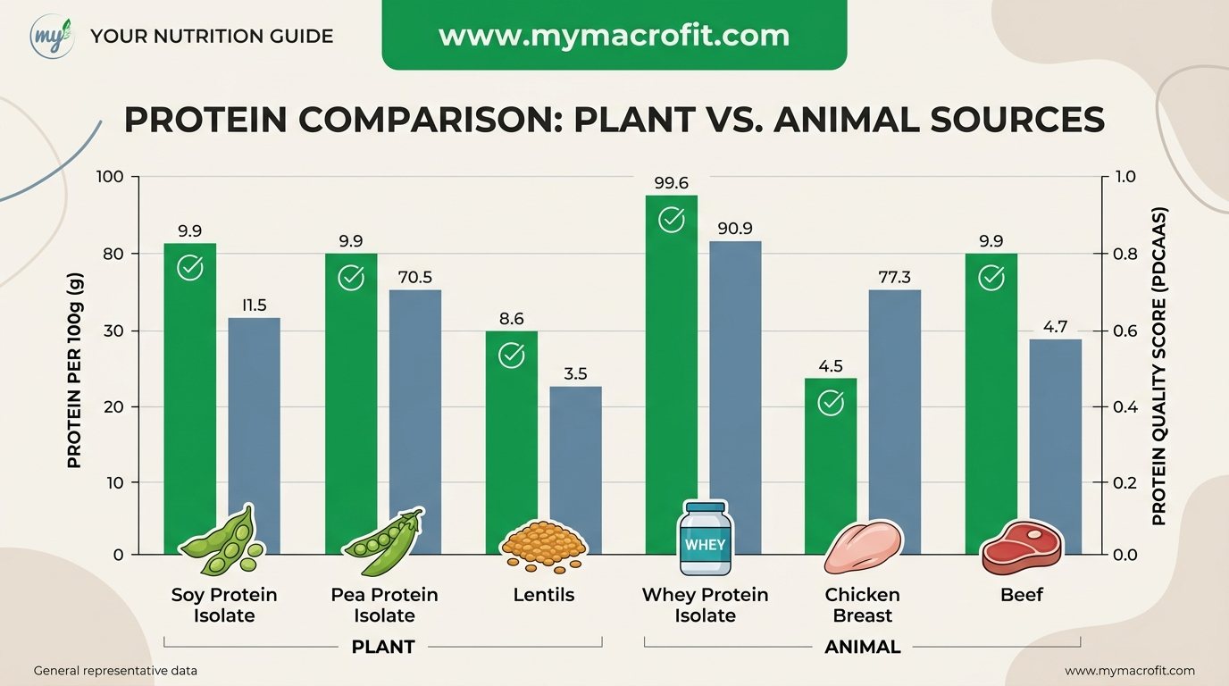 Plant protein comparison chart showing protein per 100g and protein quality scores for top plant-based protein sources