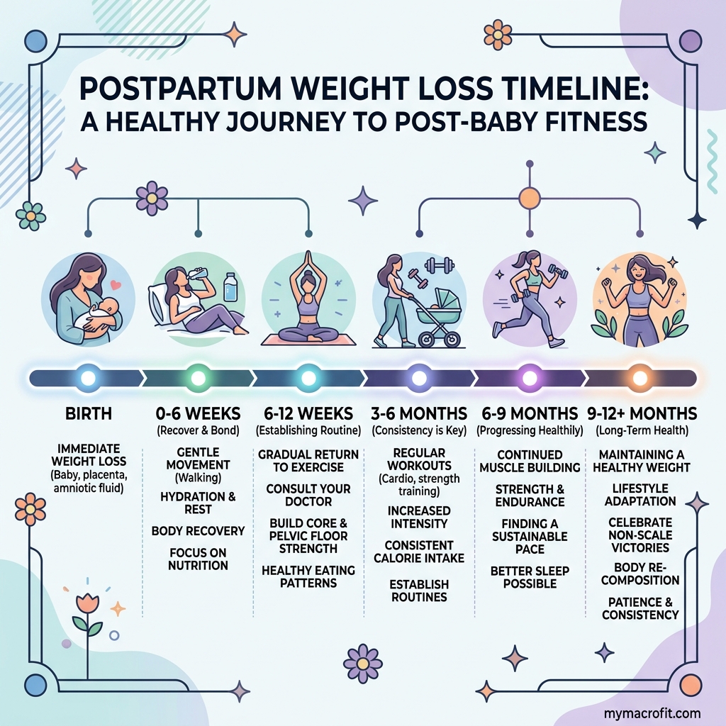 Postpartum weight loss timeline, 6 weeks cleared for movement, 3 months gentle deficit, 6+ months sustainable fat loss