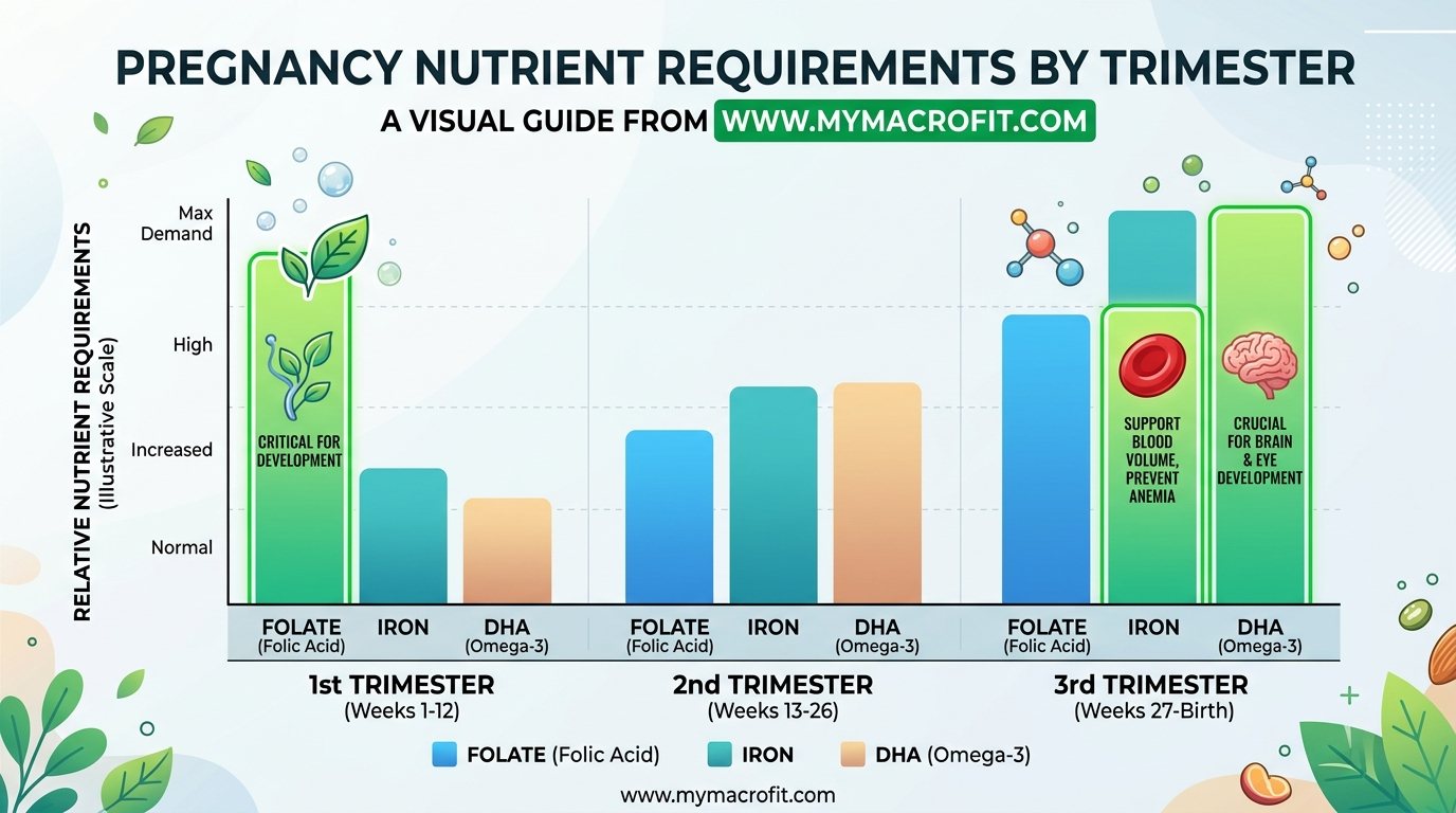 Pregnancy nutrient requirements by trimester, showing key nutrients, recommended amounts, and best food sources