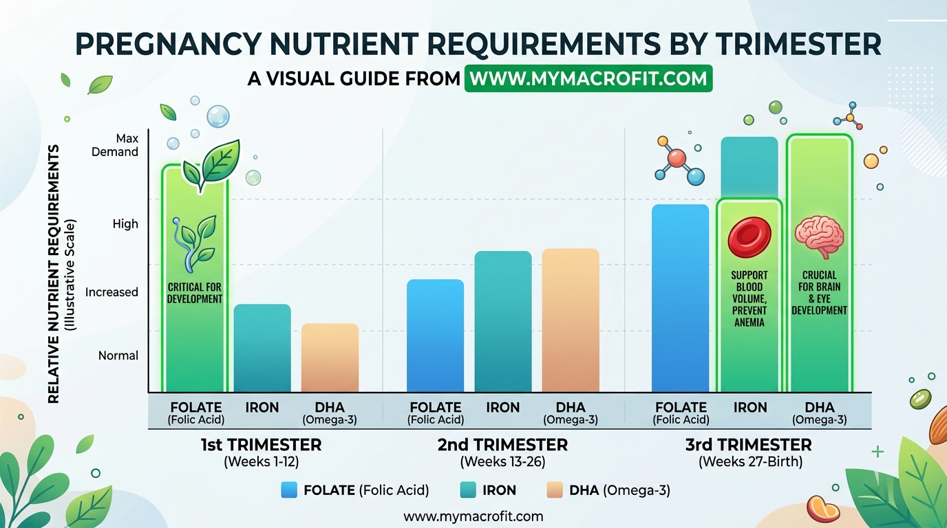 Pregnancy nutrient requirements by trimester, showing key nutrients, recommended amounts, and best food sources