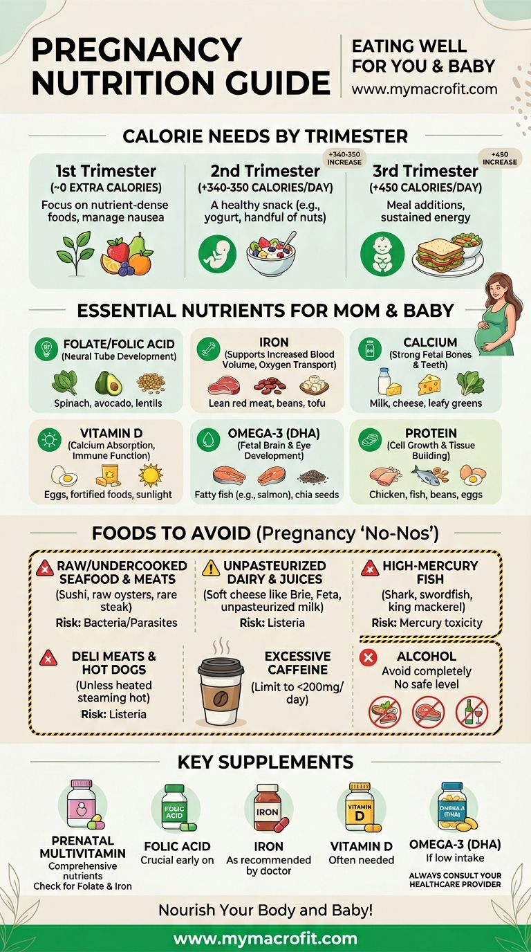 Pregnancy nutrition guide, calorie needs by trimester, essential nutrients, foods to avoid and key supplements
