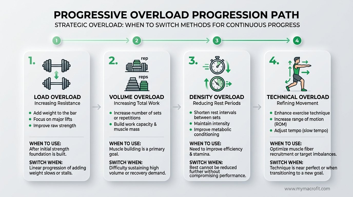 Progressive overload methods comparison, showing load, volume, density and technical overload with when to apply each