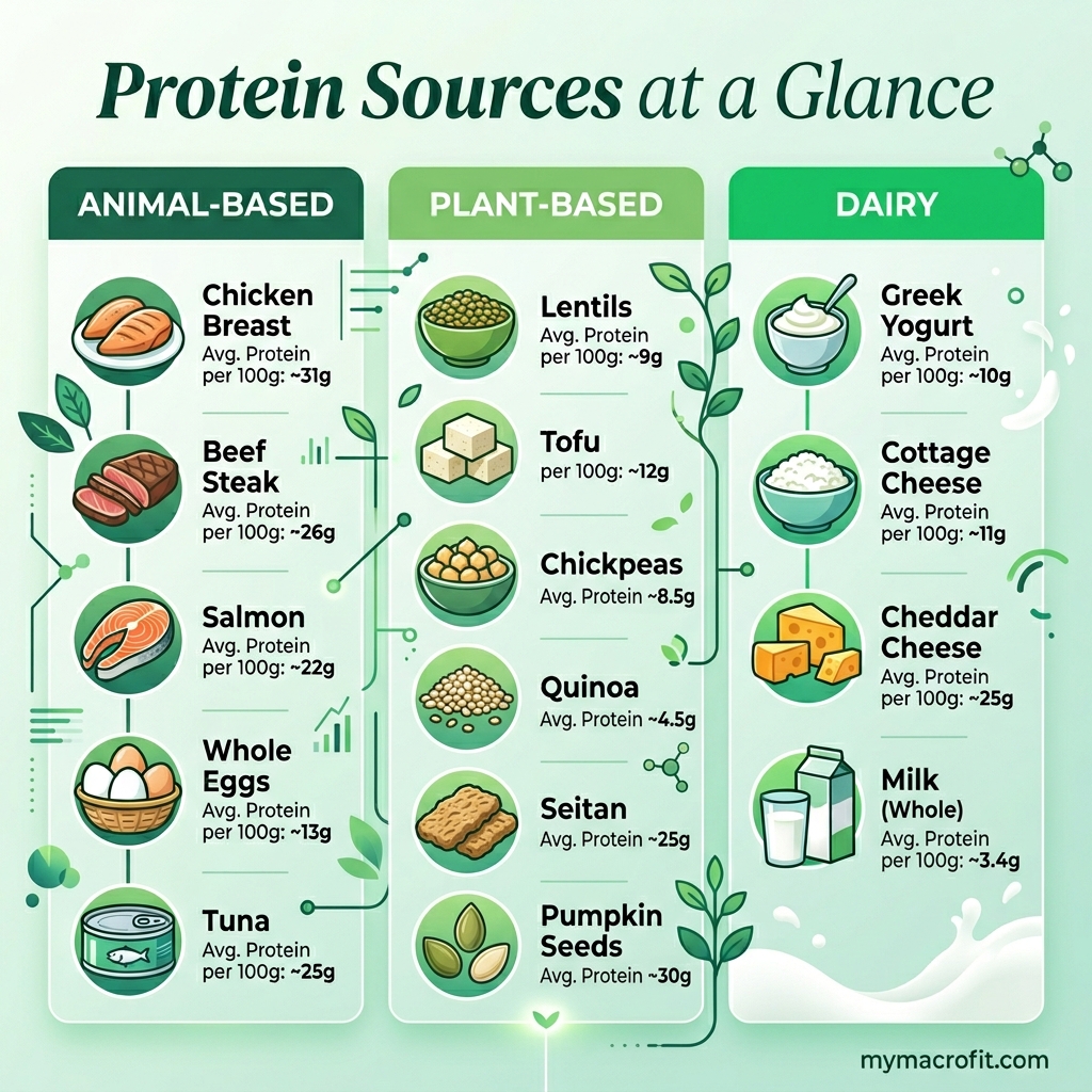 50 high protein foods ranked, chicken, tuna, eggs, Greek yogurt and legumes with protein per 100g