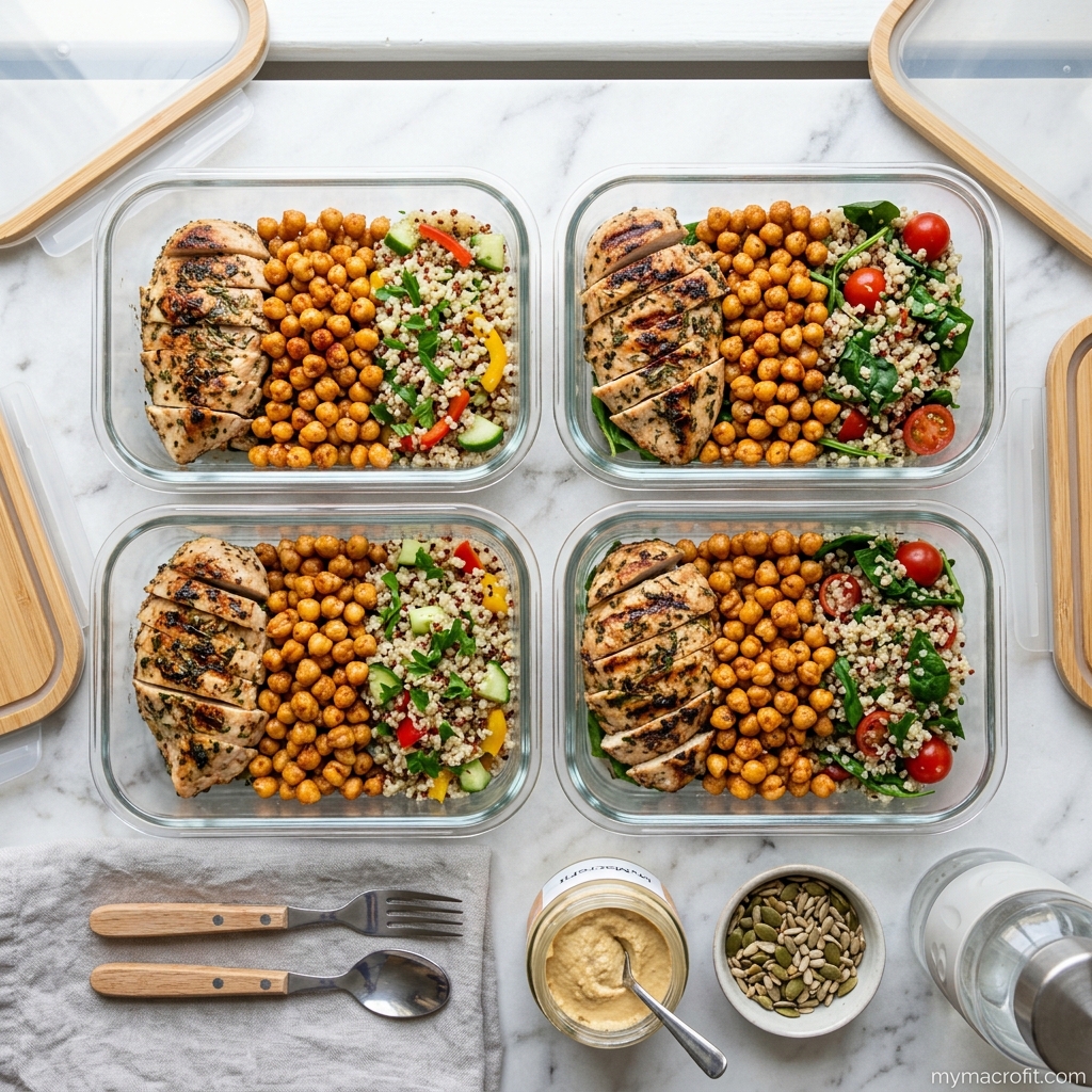 High protein foods arranged, chicken breast, canned tuna, eggs, Greek yogurt, cottage cheese and salmon as top everyday protein sources
