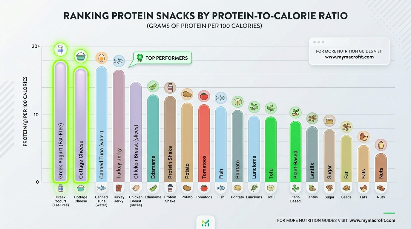 Protein snacks ranked by protein-to-calorie ratio, comparing dairy, fish, egg, plant-based and convenience options