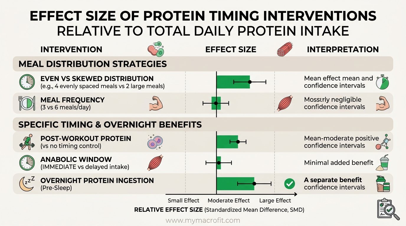 Protein timing evidence chart, showing effect size for different timing interventions relative to total daily protein