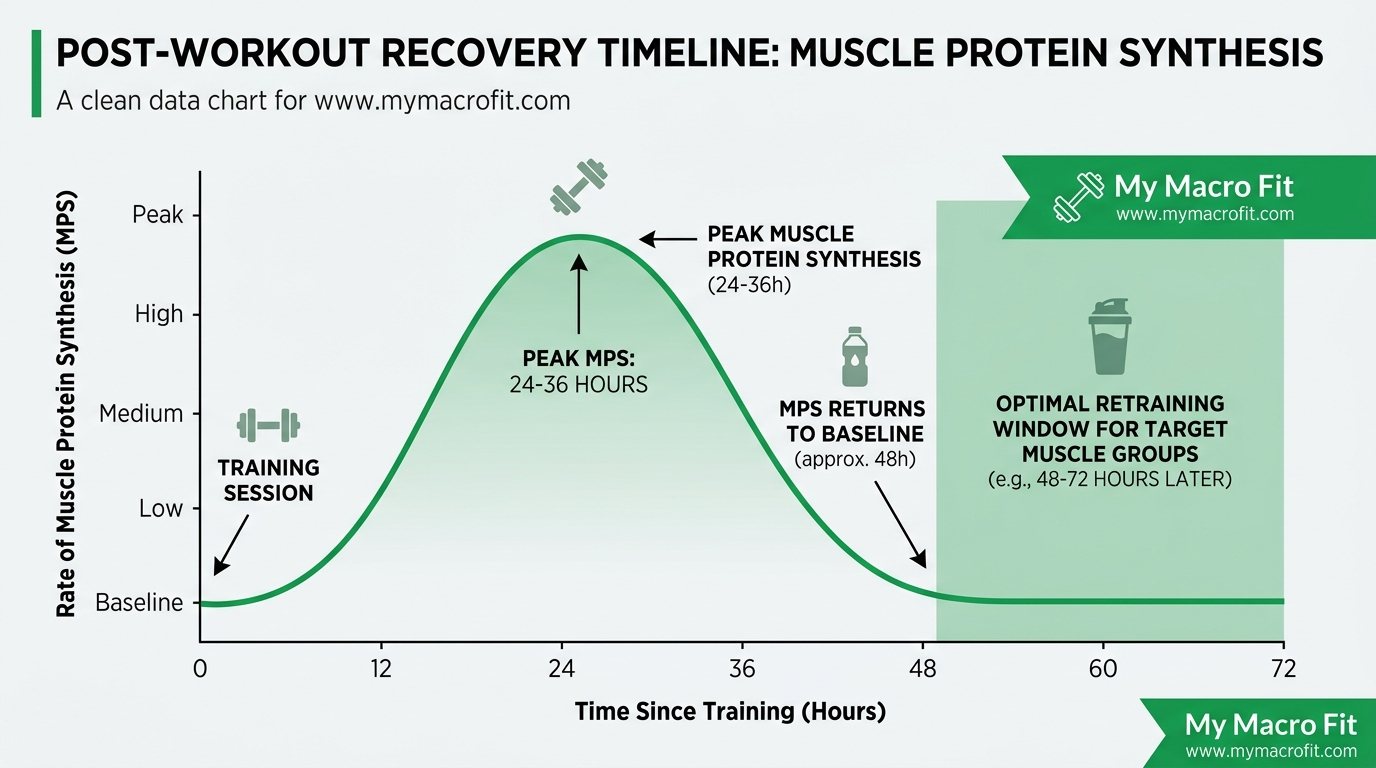 Recovery timeline after training, showing muscle protein synthesis elevation, performance recovery, and when to retrain