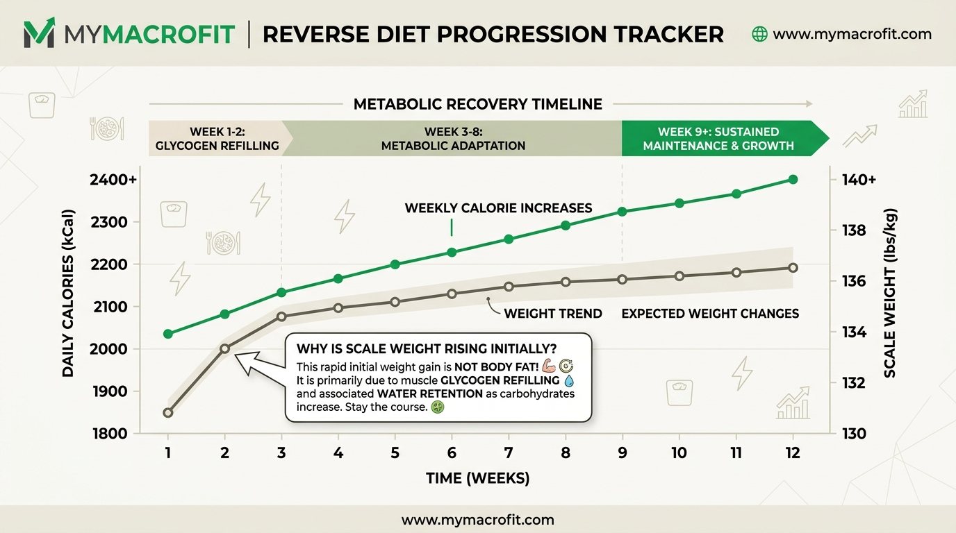 Reverse diet progression, weekly calorie increases, expected weight changes, and metabolic recovery timeline