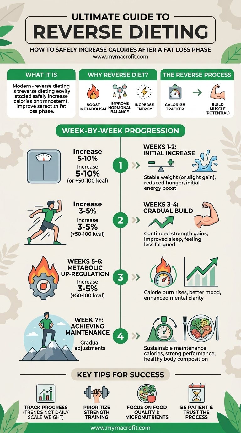 Reverse dieting guide, how to increase calories after a cut, weekly increments, and what to expect week by week
