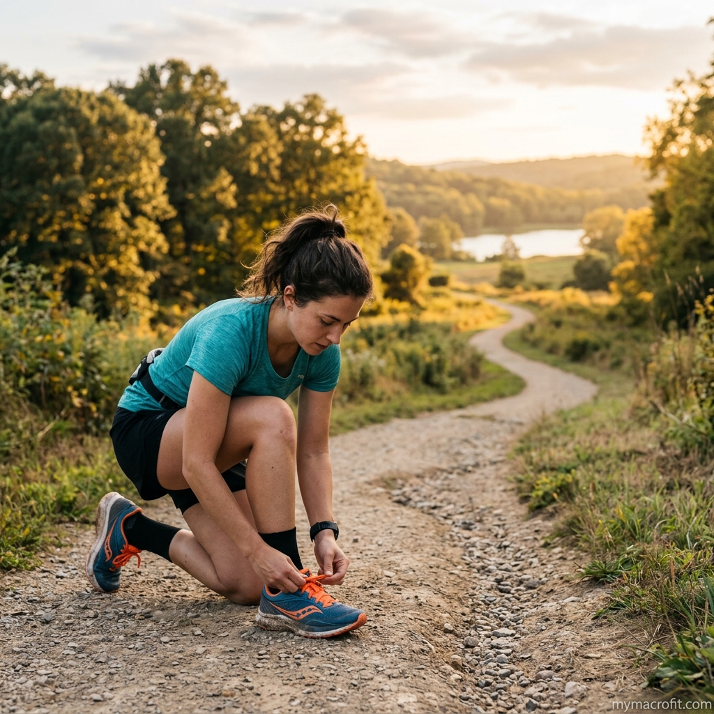 Runner on trail, showing proper form and outdoor running for weight loss with natural terrain
