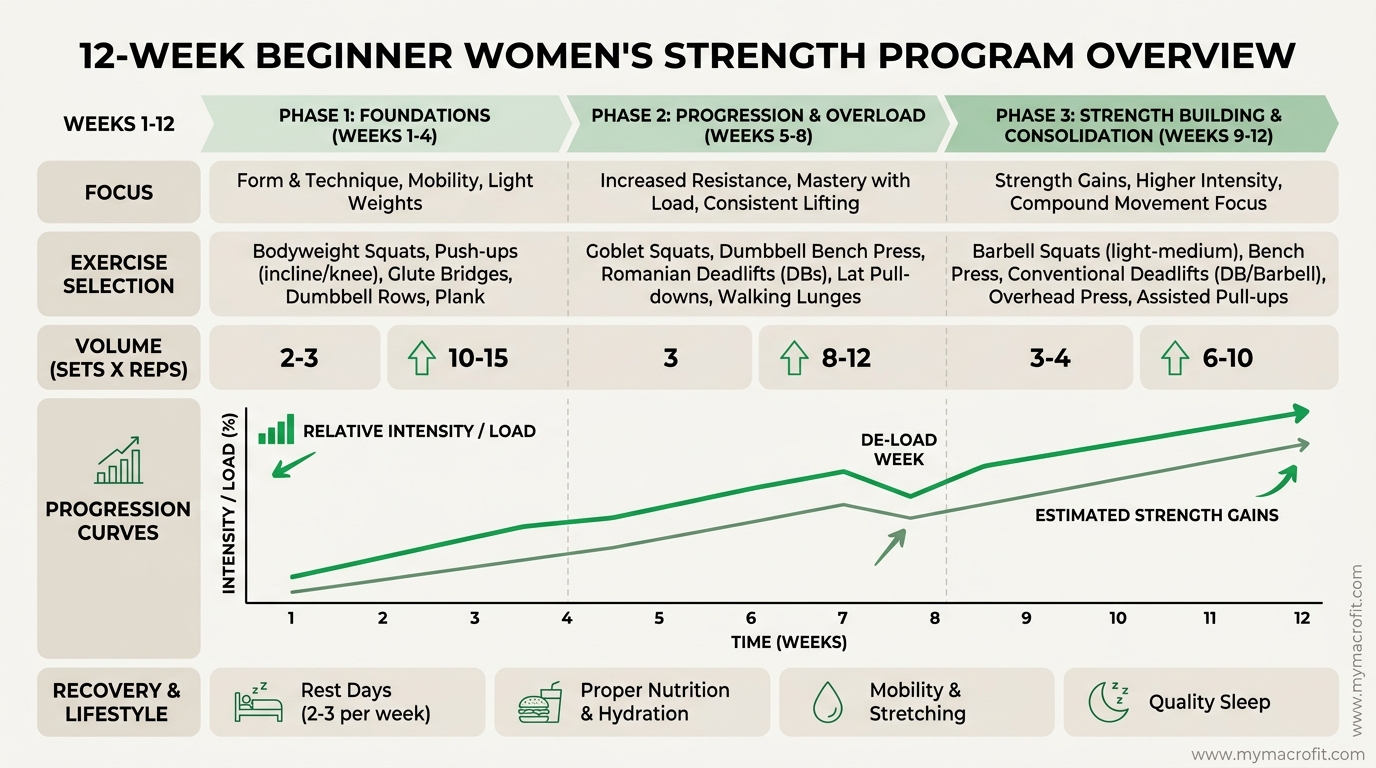 Beginner women's strength programme overview, exercise selection, sets, reps, and progression over 12 weeks