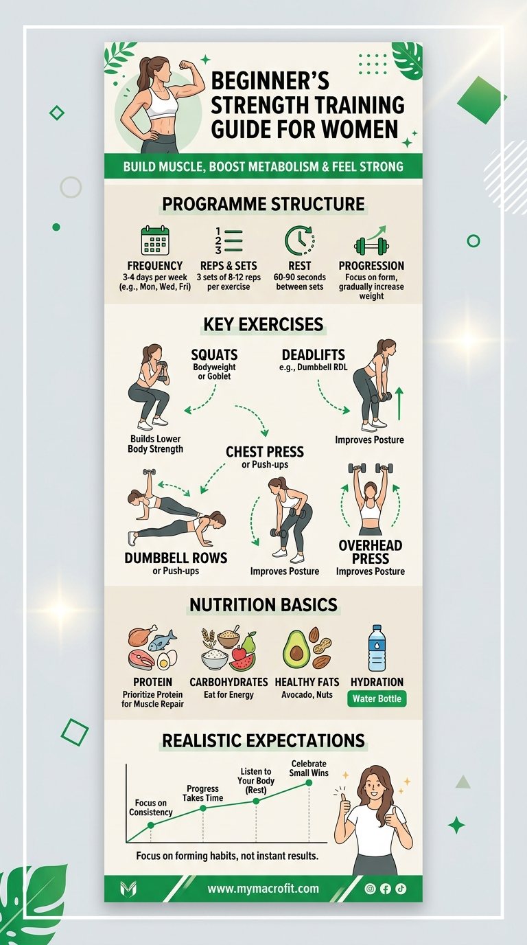 Strength training for women beginners guide, programme structure, key exercises, nutrition basics and realistic expectations