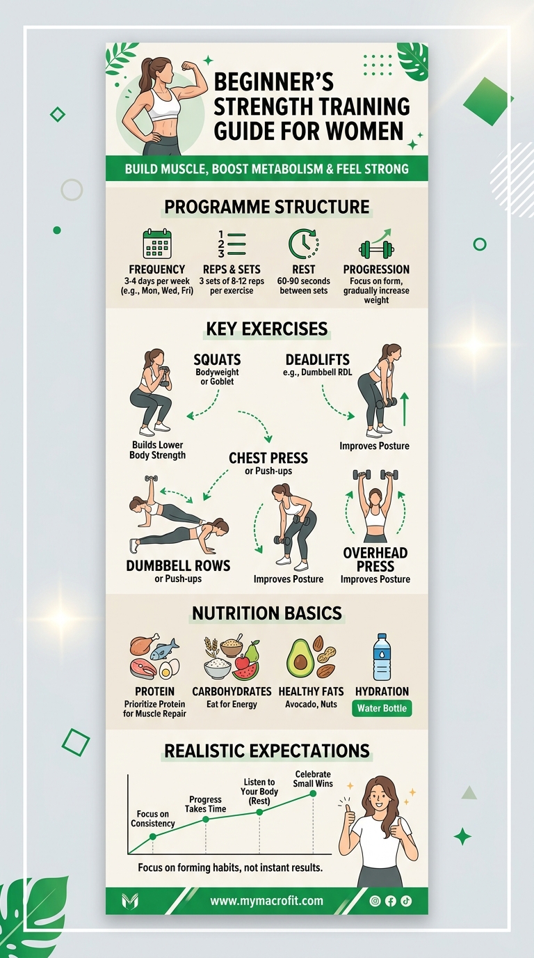 Strength training for women beginners guide, programme structure, key exercises, nutrition basics and realistic expectations