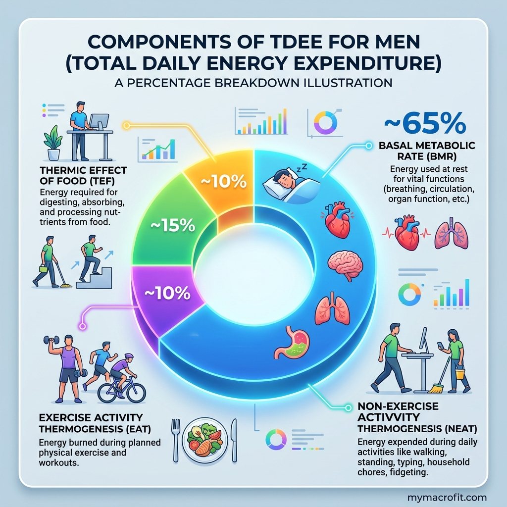 TDEE Calculator for Men: Find Your Maintenance Calories (Cut, Bulk, Maintain) infographic