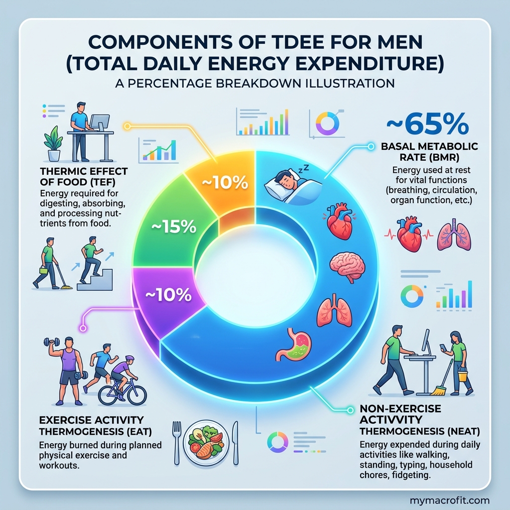 TDEE Calculator for Men: Find Your Maintenance Calories (Cut, Bulk, Maintain) infographic