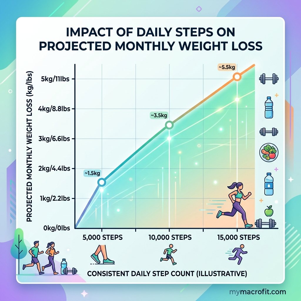 Daily step count vs calorie burn and weight loss contribution, showing expected fat loss from walking at different step counts