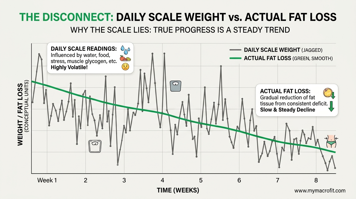 Scale weight vs actual fat loss over 8 weeks, showing the disconnect between daily scale readings and real fat tissue changes