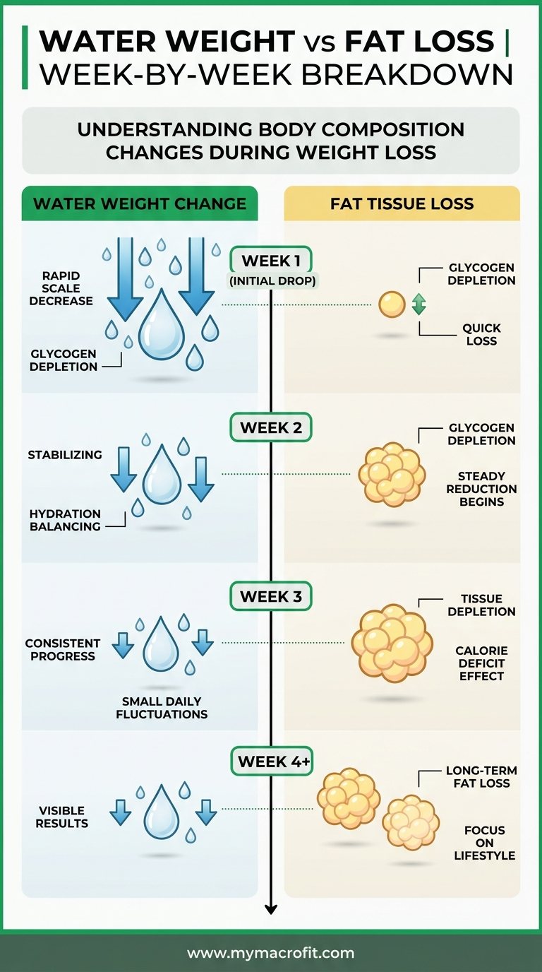 Water weight vs fat loss, scale fluctuations explained, week by week breakdown, and how to identify true fat loss