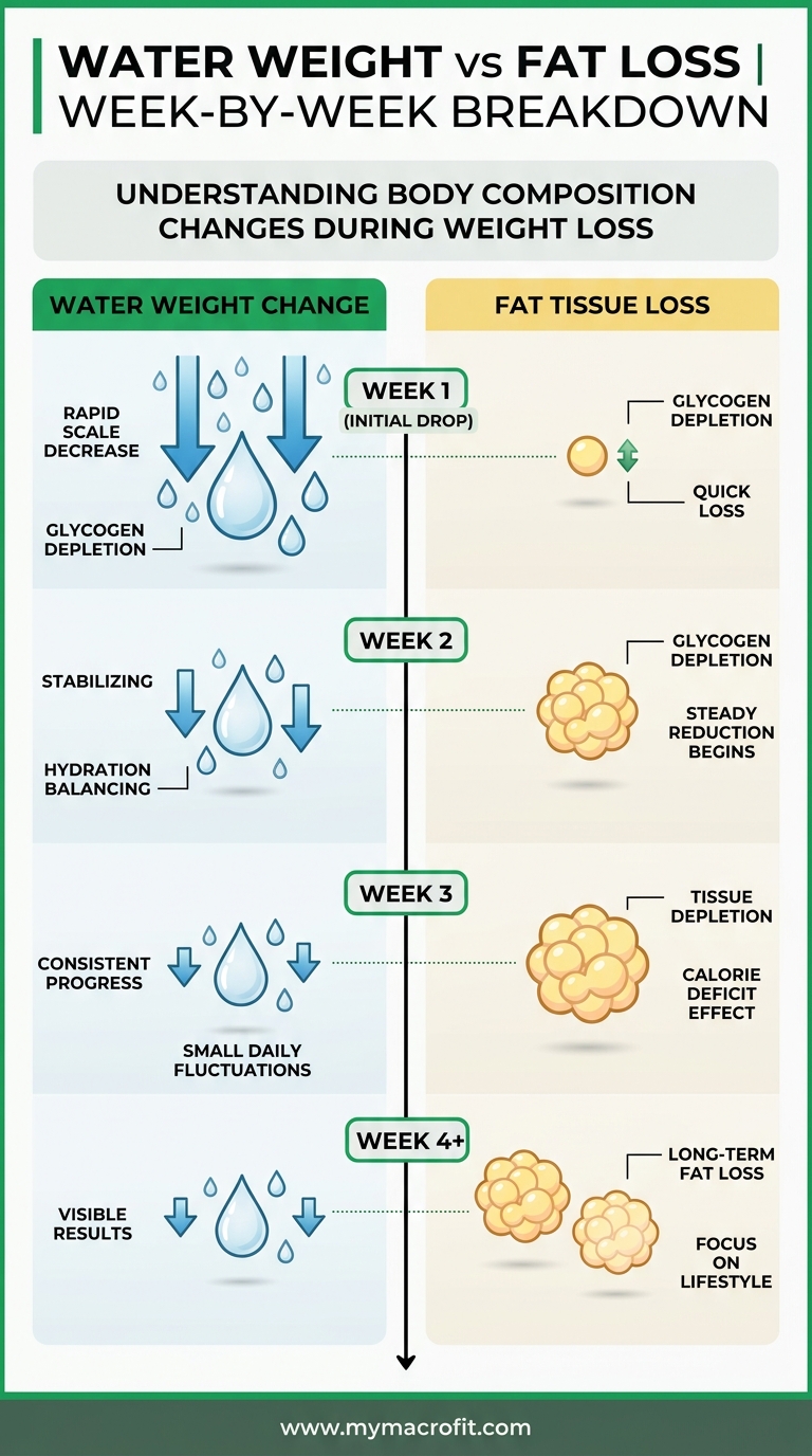 Water weight vs fat loss, scale fluctuations explained, week by week breakdown, and how to identify true fat loss