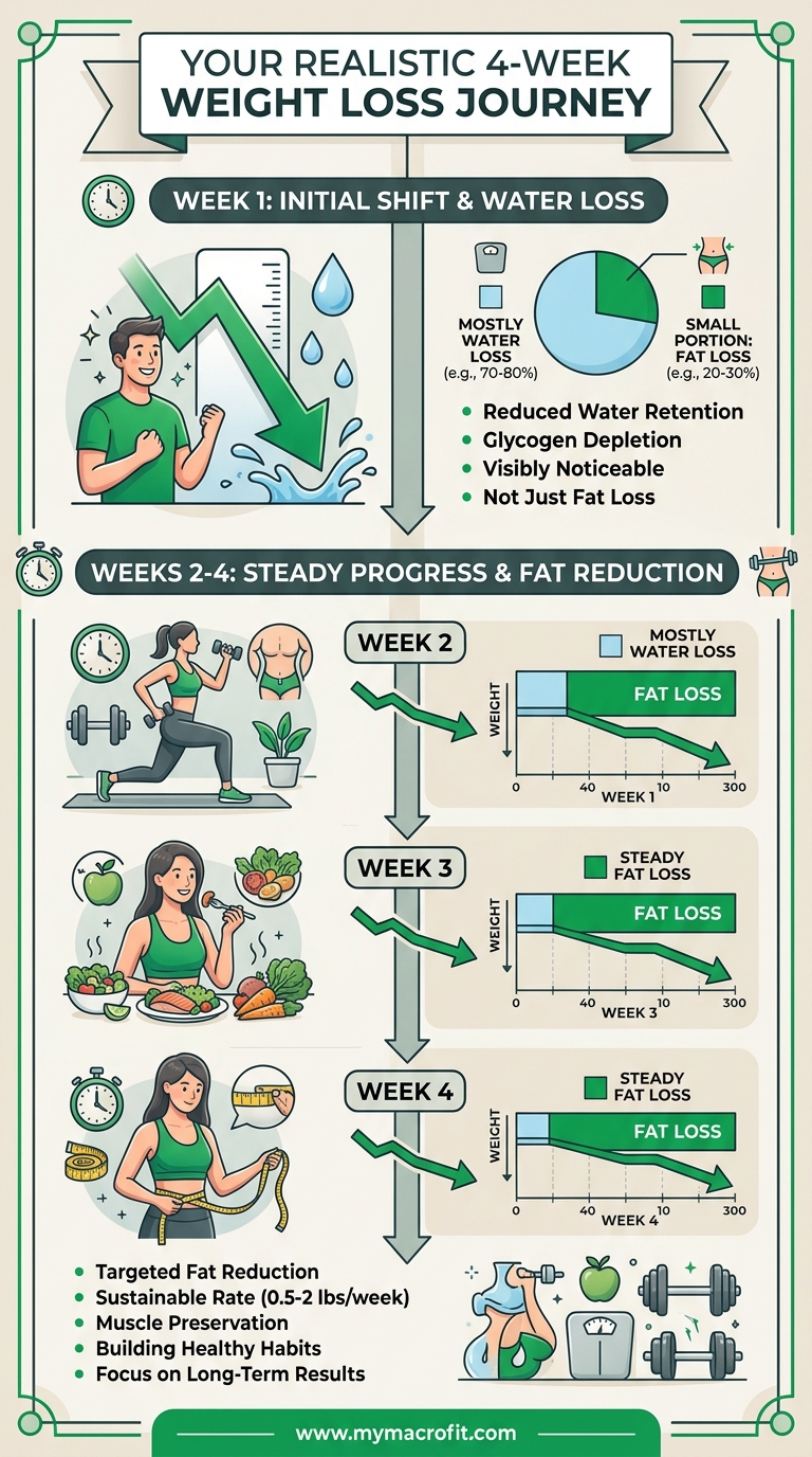 4 week weight loss expectations, showing water weight vs fat loss breakdown week by week with realistic targets