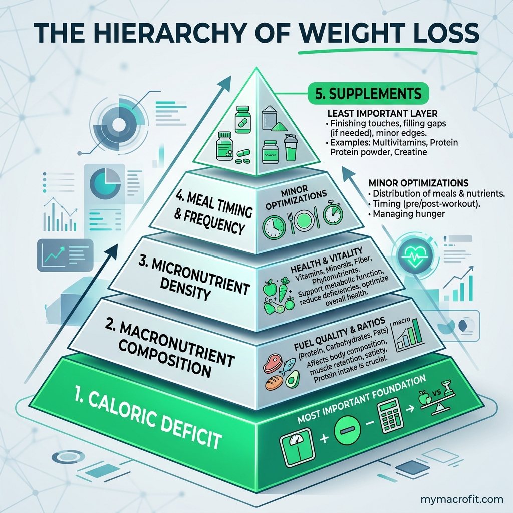 Weight loss guide infographic, calorie deficit, protein targets, training approach, sleep, and plateau management