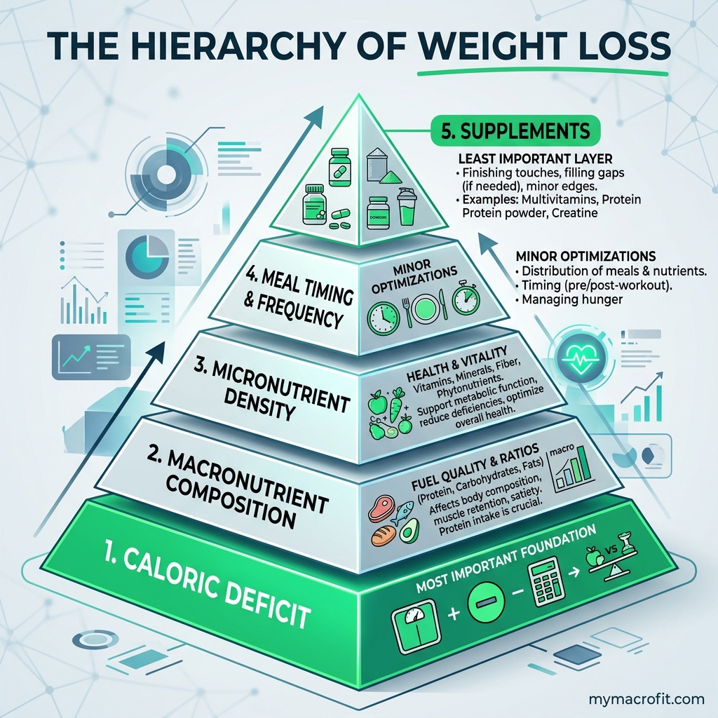 Weight loss guide infographic — calorie deficit, protein targets, training approach, sleep, and plateau management