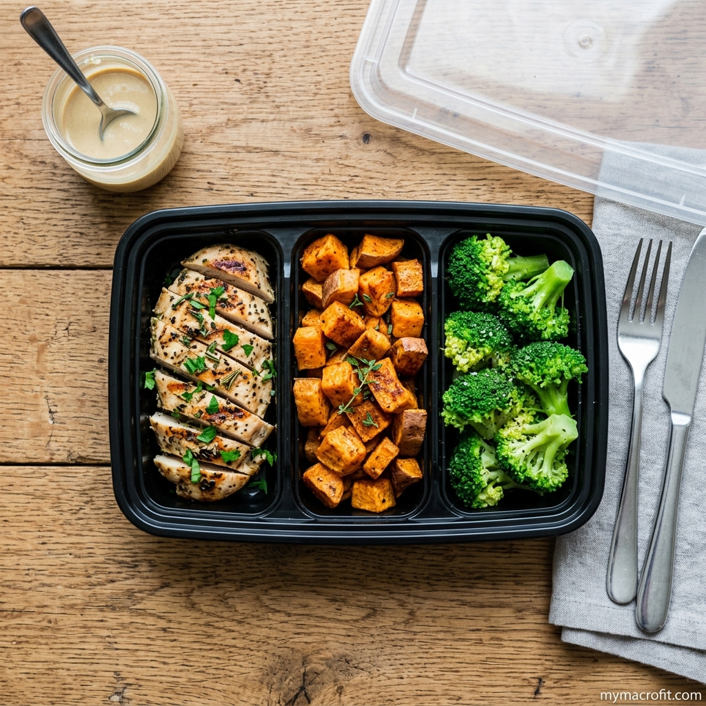 High-protein fat loss foods — chicken breast, Greek yogurt, eggs, fish, and colourful vegetables on a meal plate
